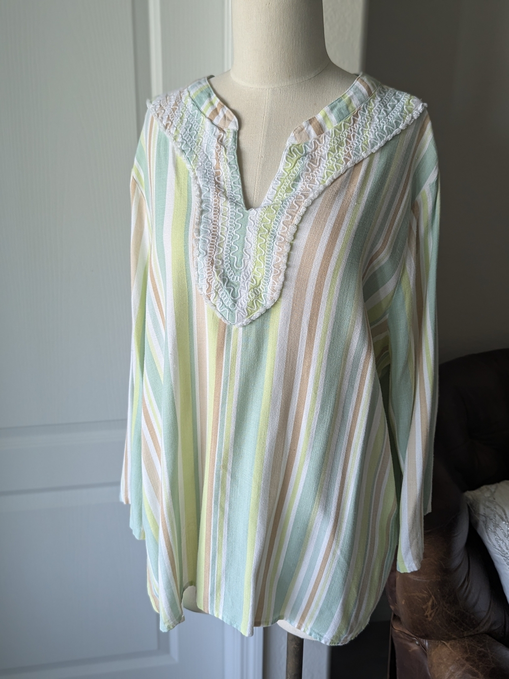 Ruby Rd. Pastel Stripe Long Sleeve Tunic with Lace Yoke